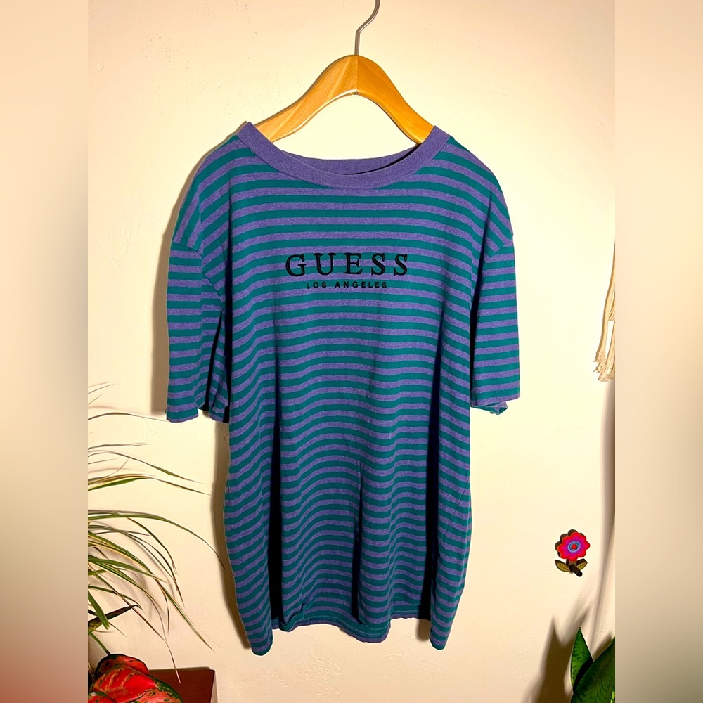 Vintage 90’s GUESS T-Shirt- Purple & Green Stripes